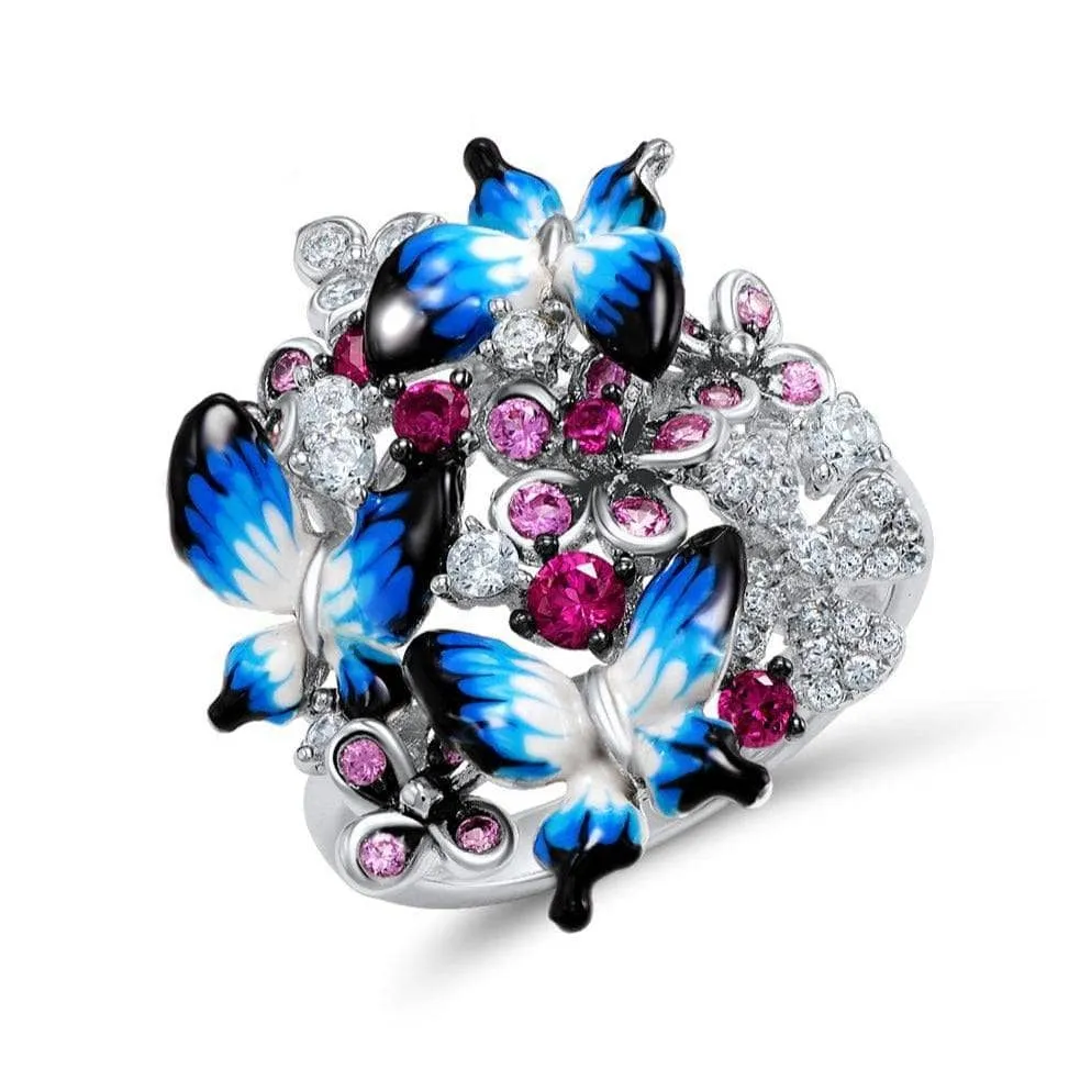 Colorful Enamel Blue Butterfly with Created Diamond Jewelry Set