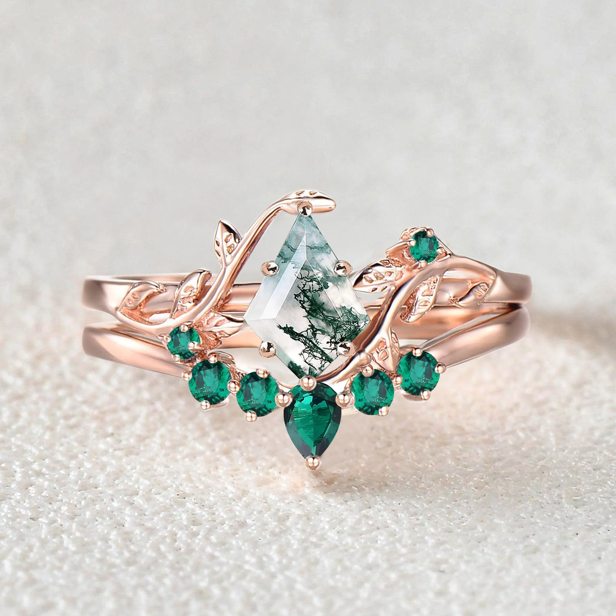 Colorful Stones Unique Kite Cut Moss Agate Leafy Bridal Ring Sets 2pcs - Willow