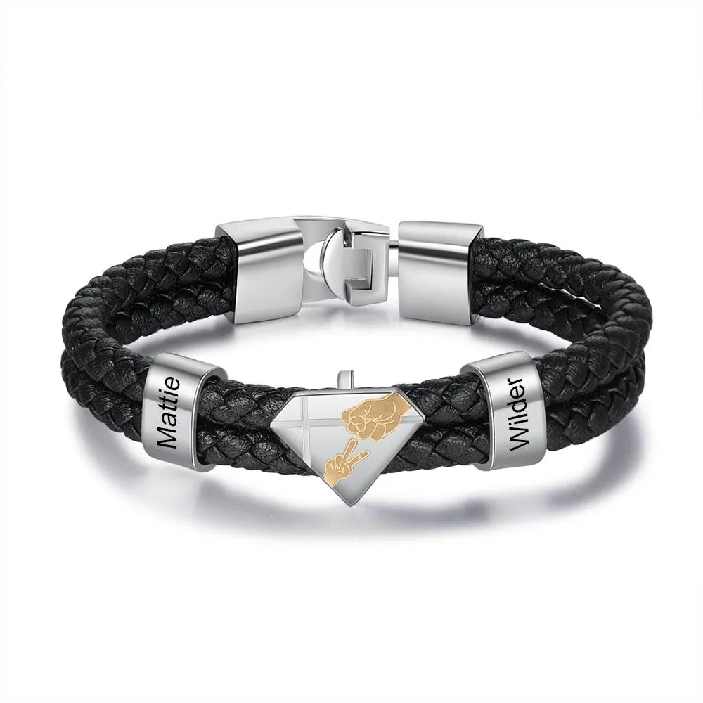 Customized Braided Leather Bracelet Personalized Father Kids Name Engraved Black Leather Bracelet