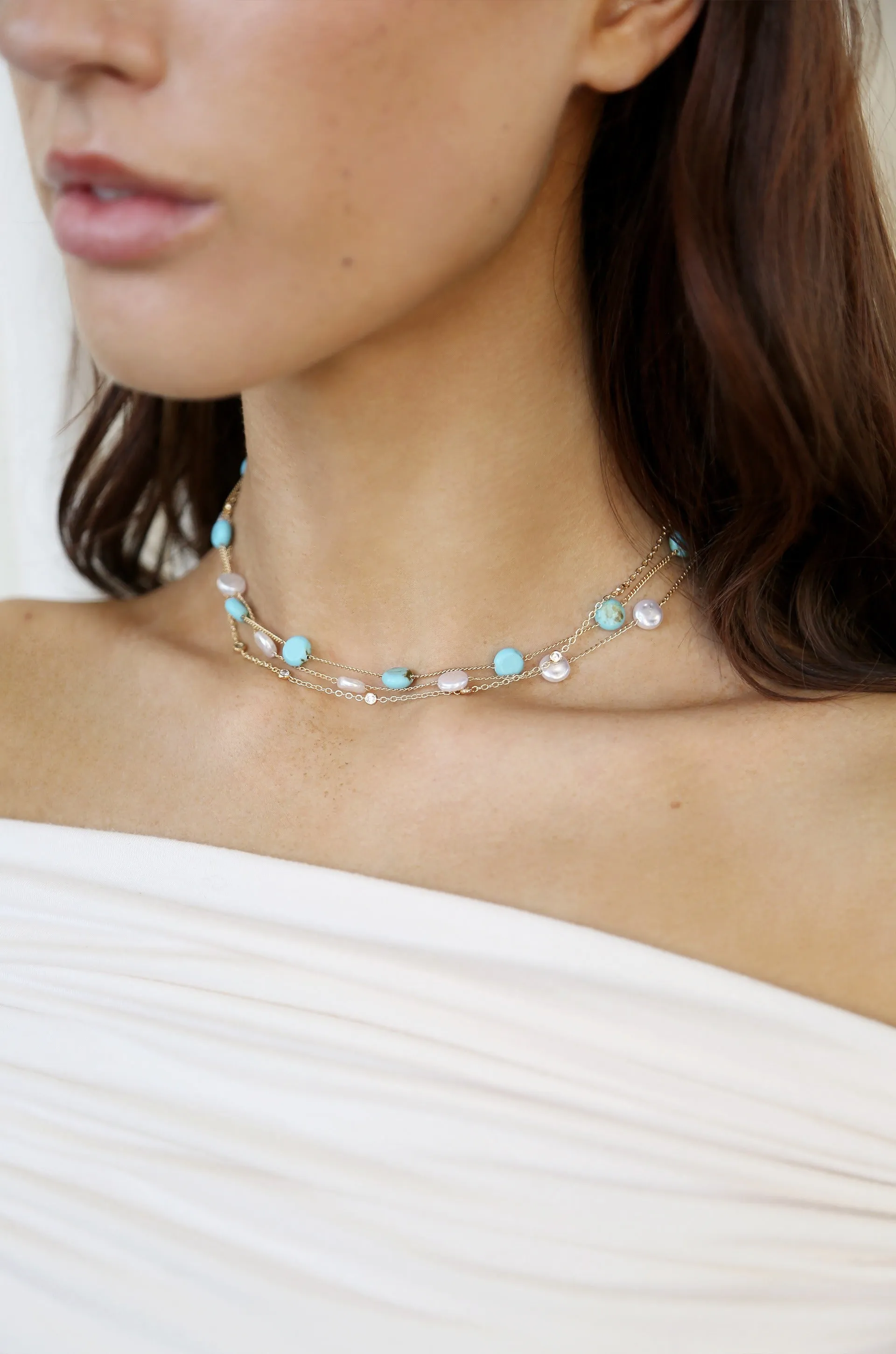 Dressed in Turquoise & Pearls Layered 18k Gold Plated Necklace