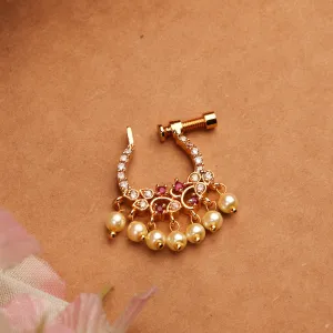 Elegant 24K Gold Plated Multi Colour Stone Nose Pin With Pearls