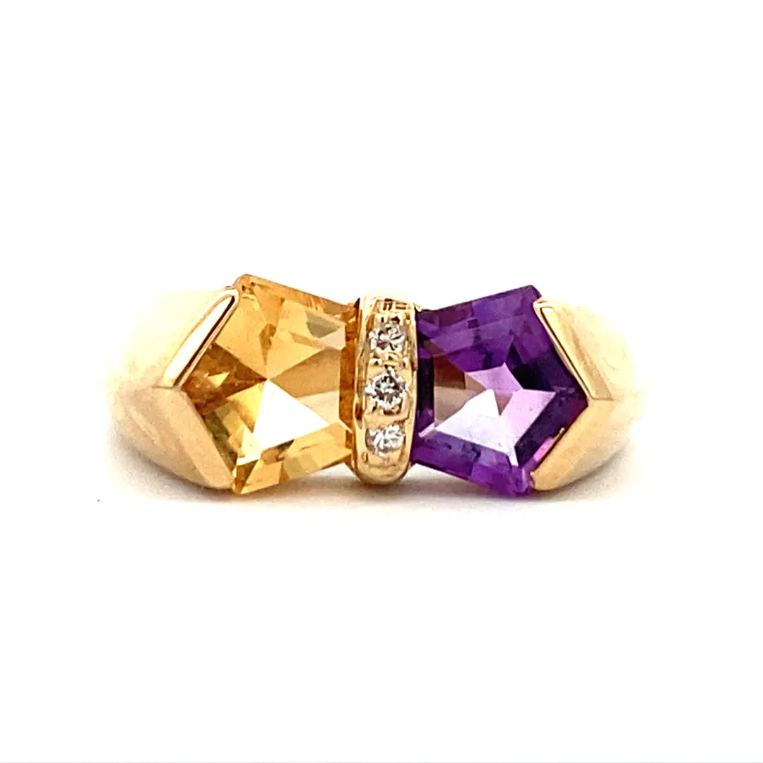 Estate Yellow Gold Amethyst & Citrine Bow Ring by Nabco