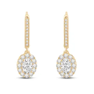 Everyday Elegance 14K Solid Yellow Gold Leverback Earrings Oval "Halo" Cubic Zirconia Drop Dangle Basket Setting 2.0 CTW With Gift Box