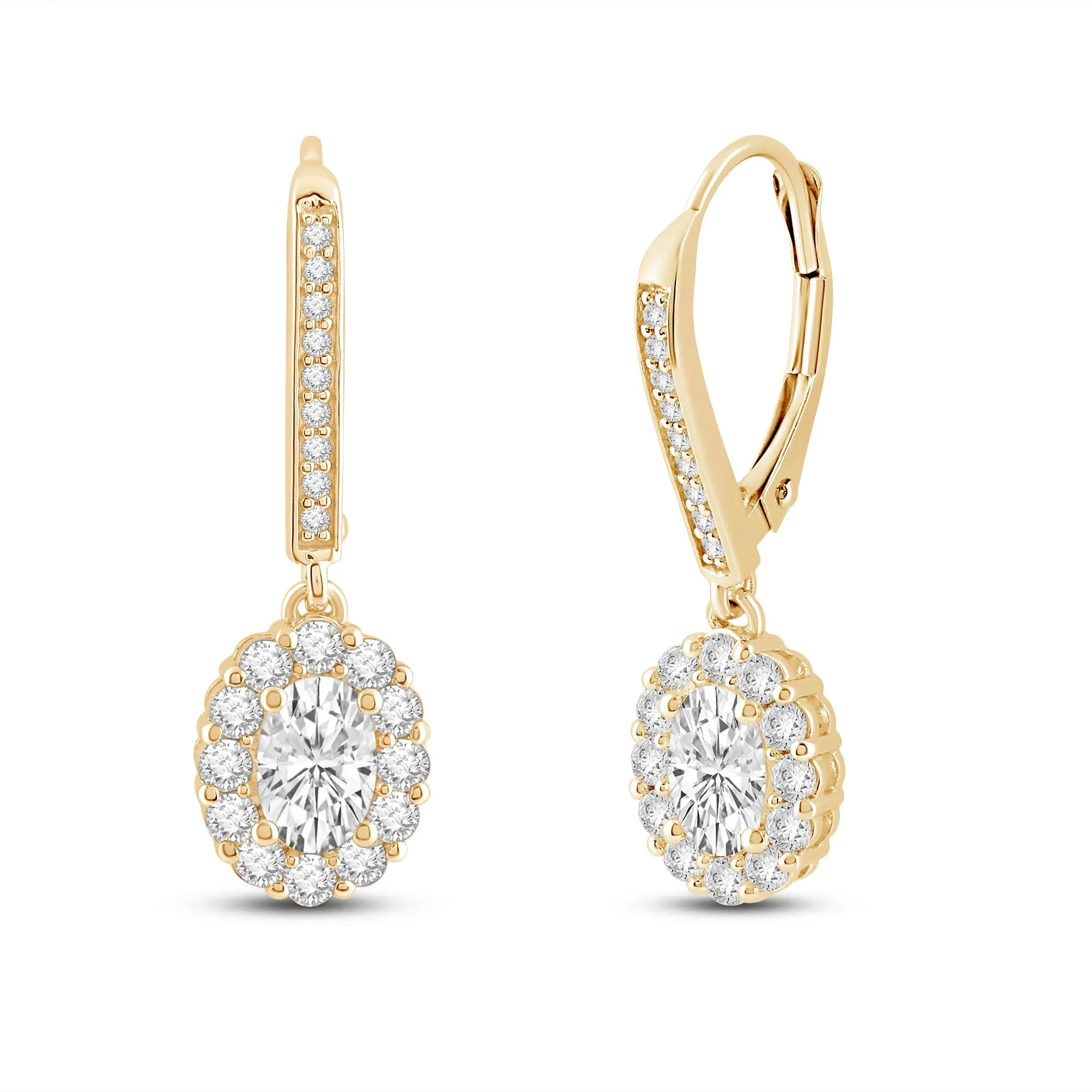 Everyday Elegance 14K Solid Yellow Gold Leverback Earrings Oval "Halo" Cubic Zirconia Drop Dangle Basket Setting 2.0 CTW With Gift Box