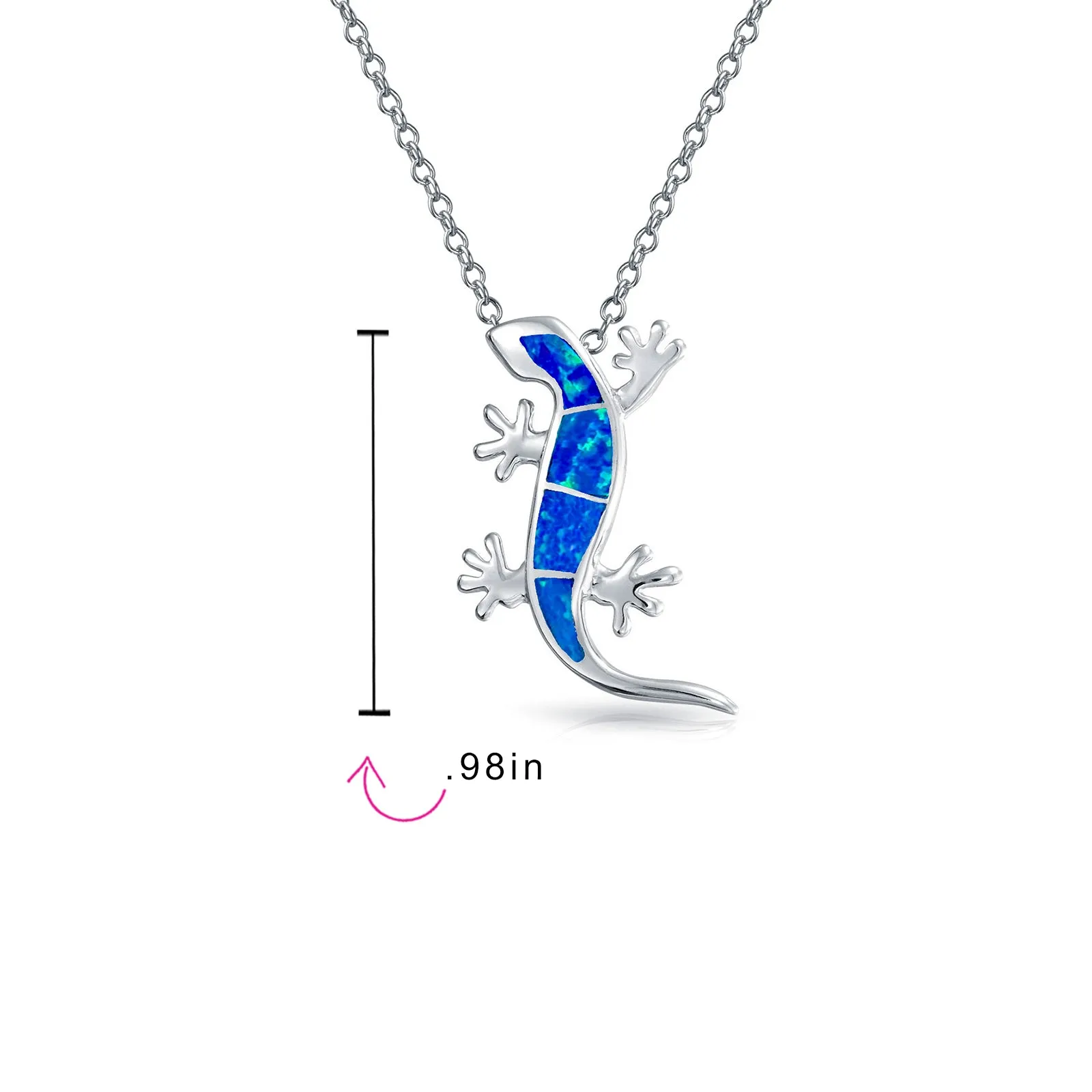 Gecko Lizard Pendant Green Blue Created Opal Necklace Sterling Silver