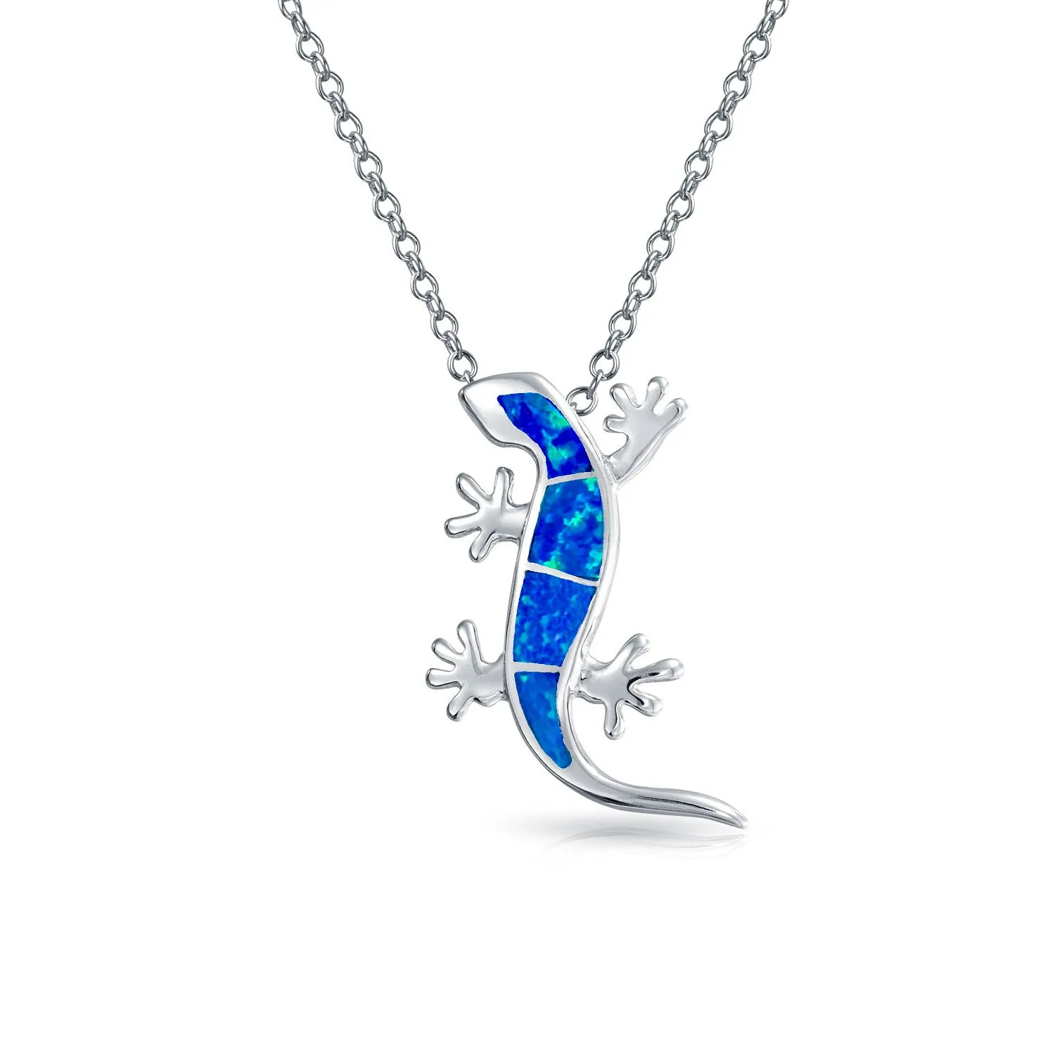 Gecko Lizard Pendant Green Blue Created Opal Necklace Sterling Silver