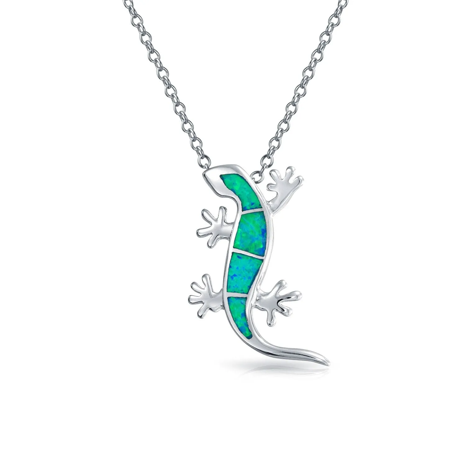 Gecko Lizard Pendant Green Blue Created Opal Necklace Sterling Silver