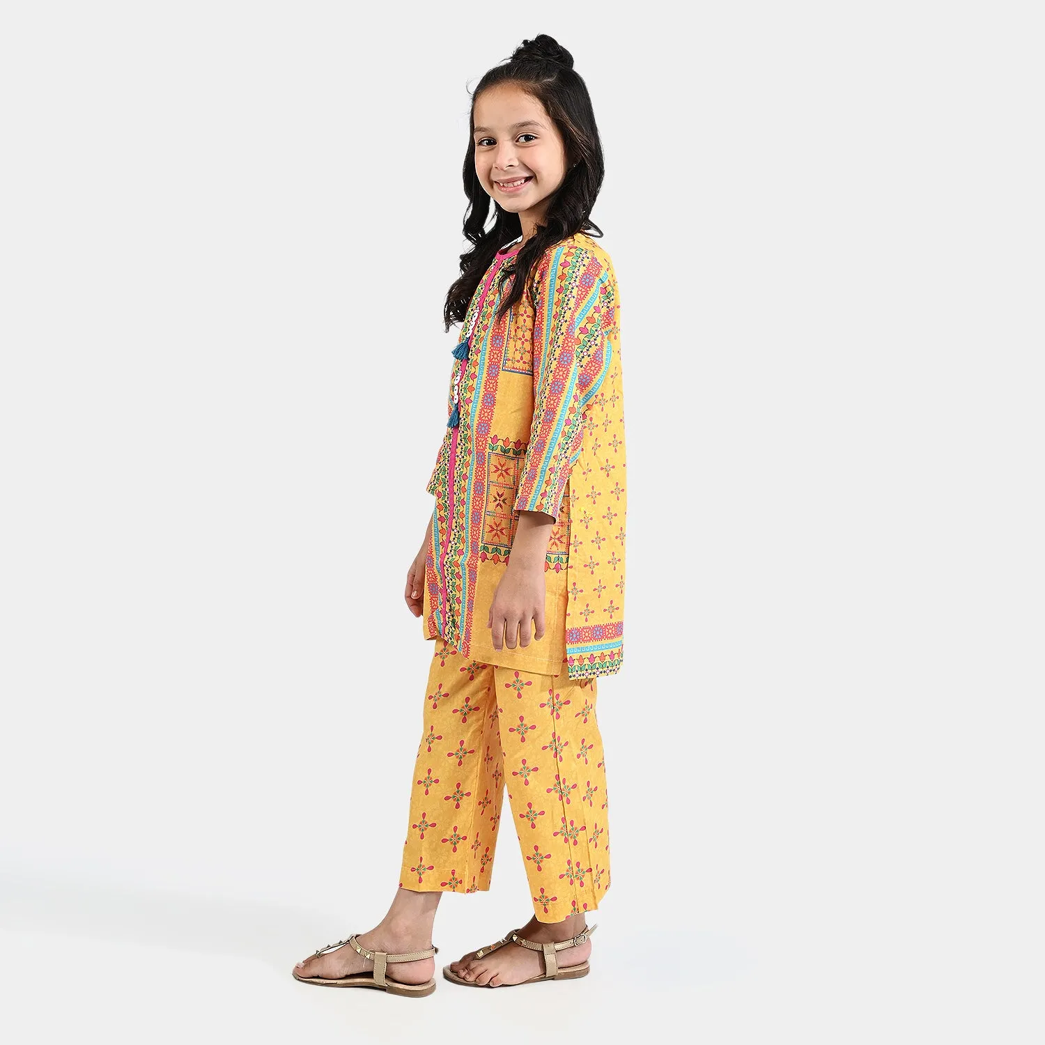 Girls Cotton Poplin Printed 2PC Suit Miral-Yellow