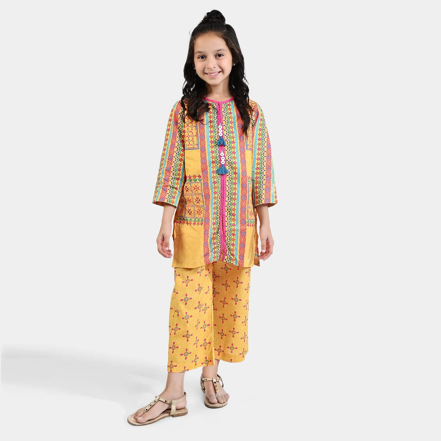 Girls Cotton Poplin Printed 2PC Suit Miral-Yellow