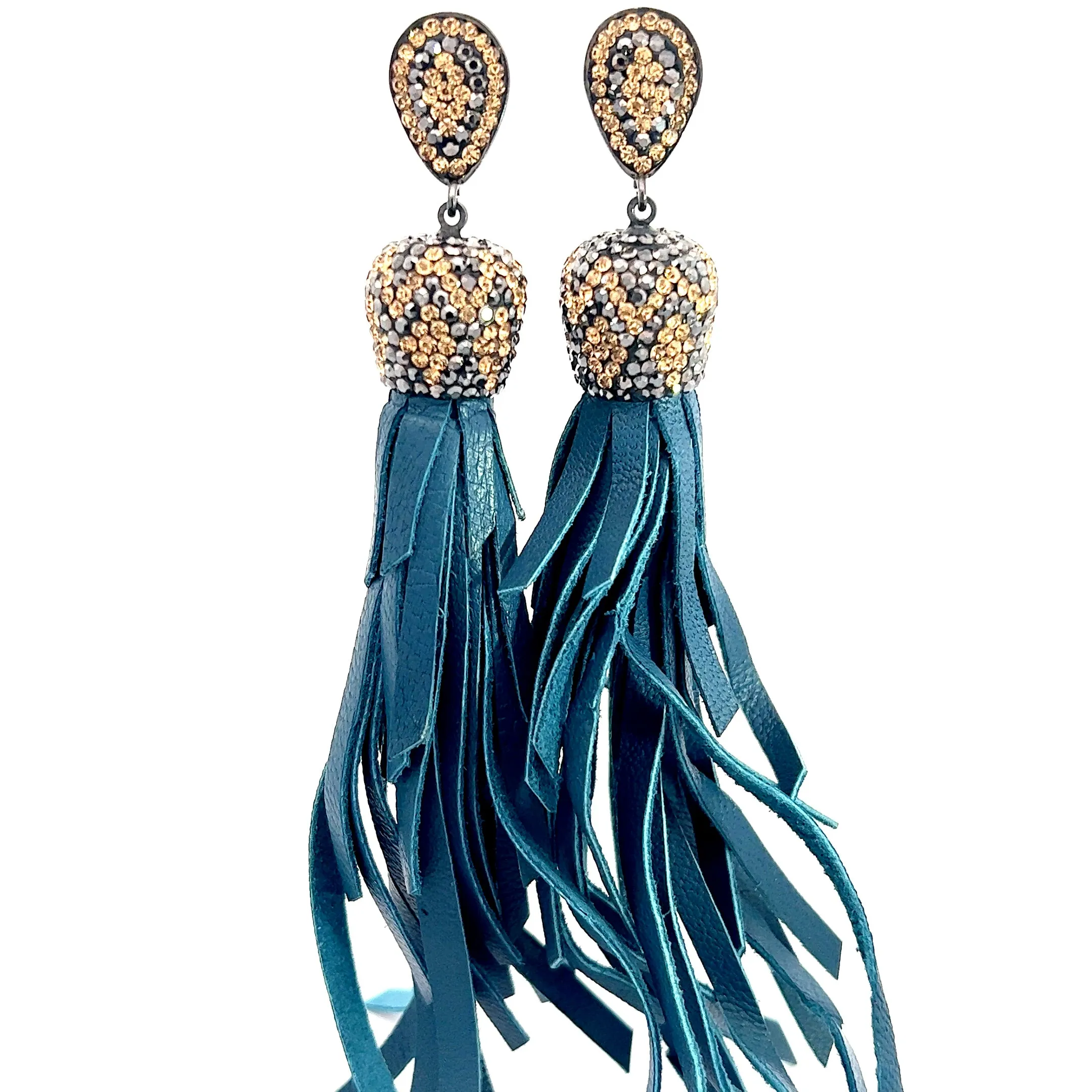 Gold & Silver Crystal Teal Leather Tassel Earring