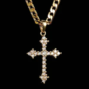 Gold Filled Bonded Crystal Cross Pendant 22 Inch 6mm Cuban Chain