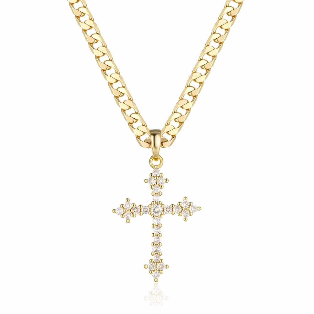 Gold Filled Bonded Crystal Cross Pendant 22 Inch 6mm Cuban Chain