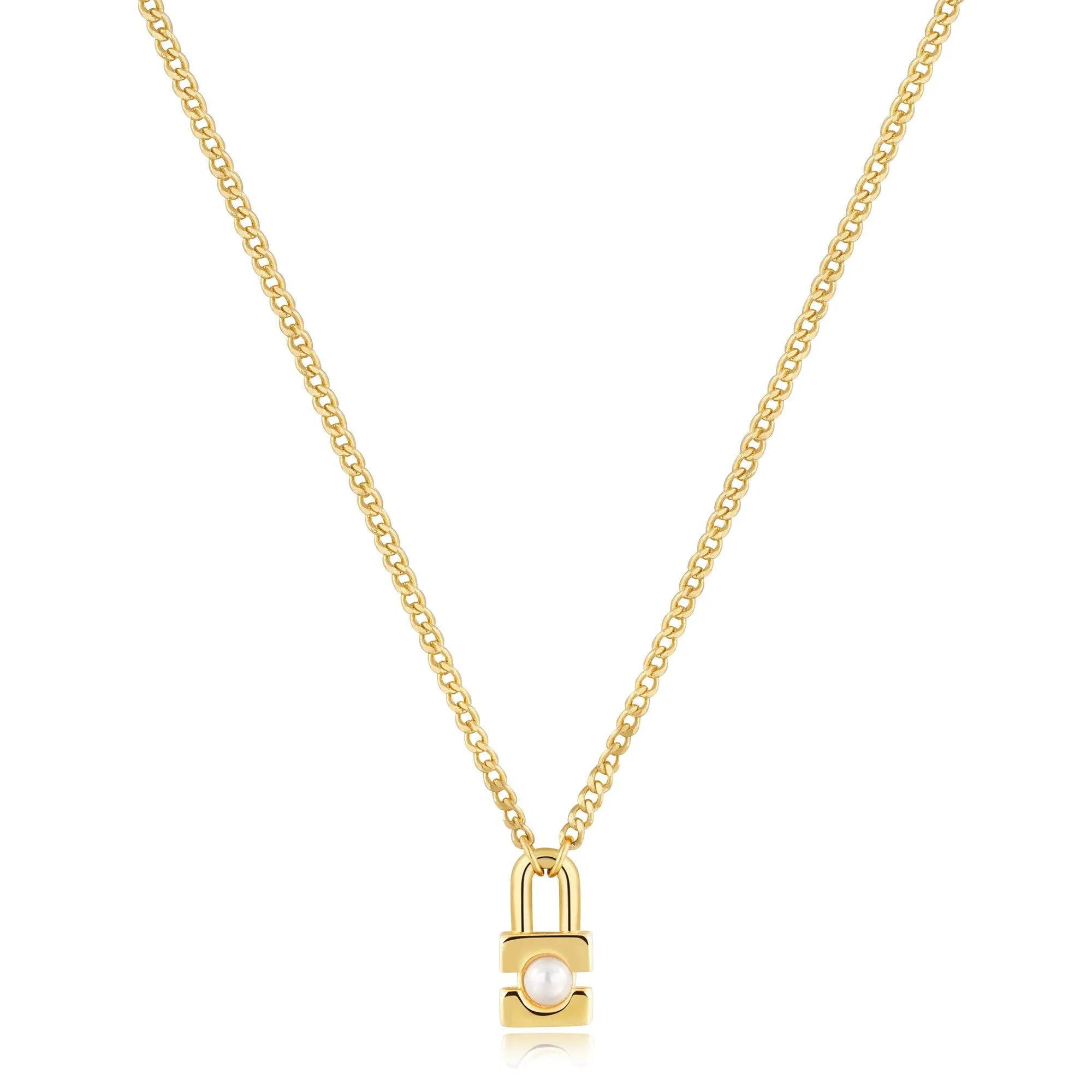 Gold Pearl Padlock Necklace