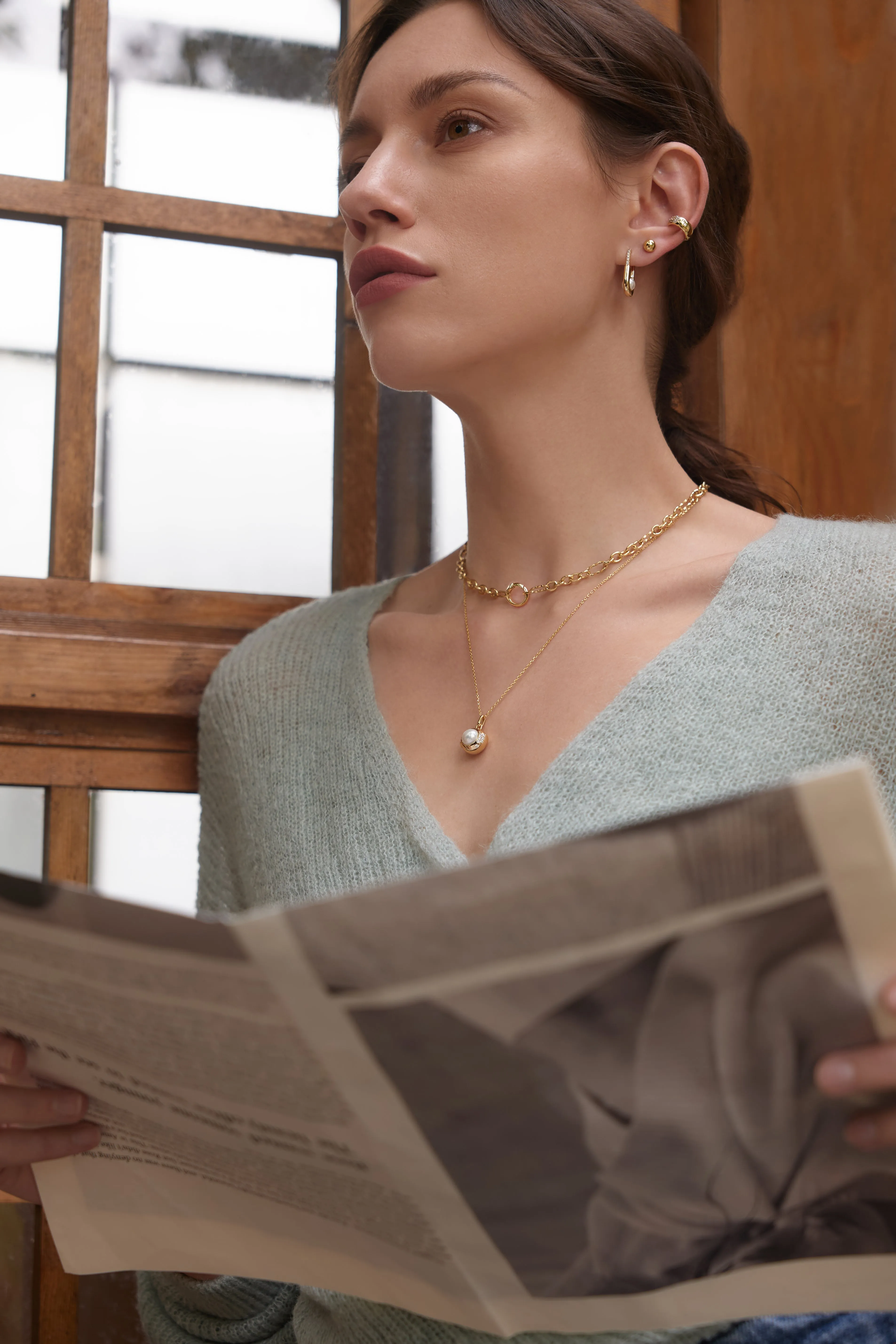 Gold Pearl Sphere Pendant Necklace