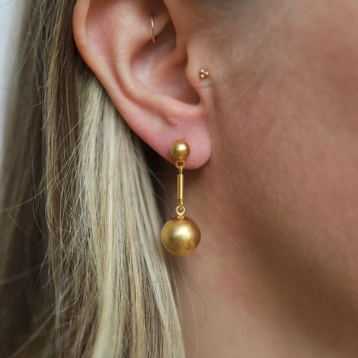 Gold Plated Double Ball Drop Stud Earrings