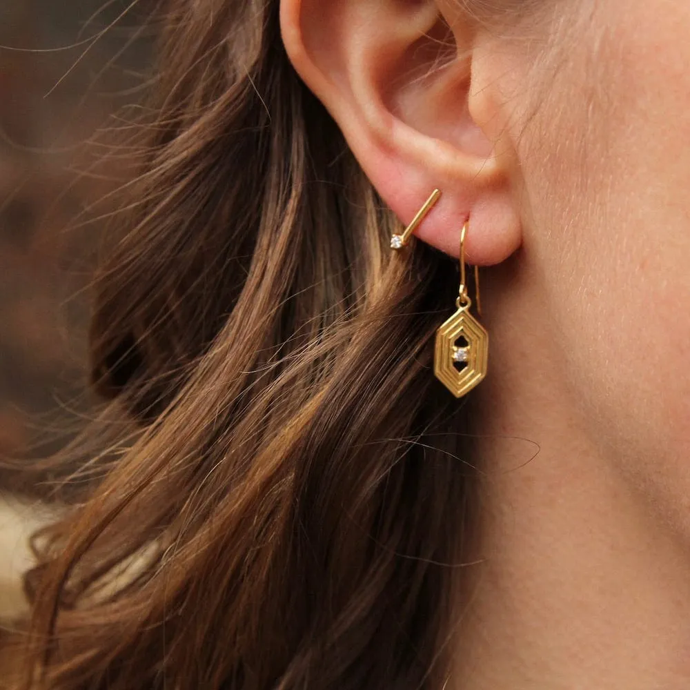 Gold Vermeil Hex with Ridges and Cubic Zirconium Earring