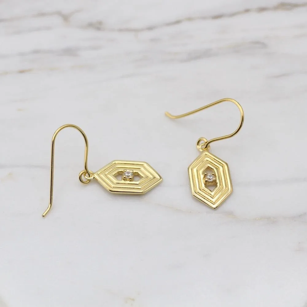 Gold Vermeil Hex with Ridges and Cubic Zirconium Earring