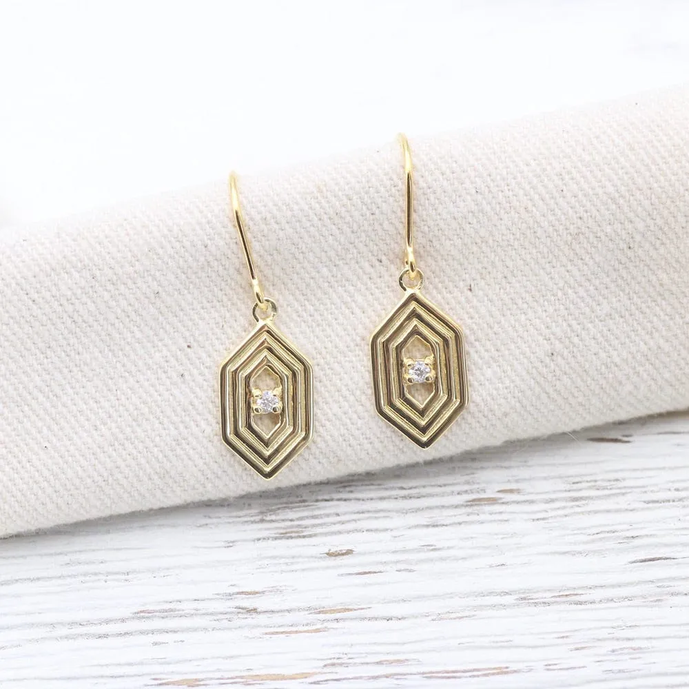 Gold Vermeil Hex with Ridges and Cubic Zirconium Earring