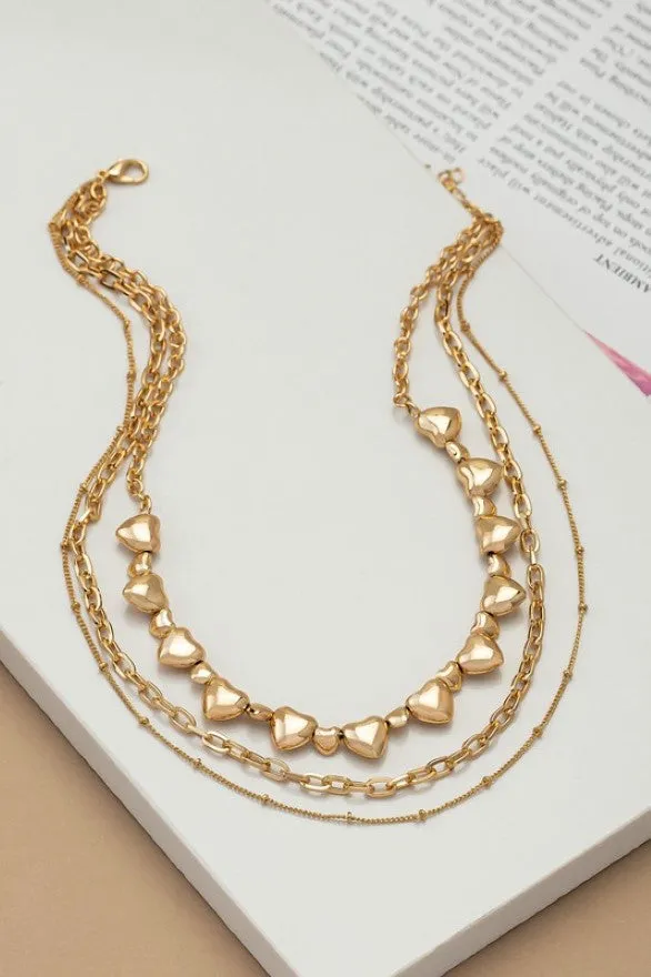 Goldtone Puff Heart Chain Trio Layering Necklace Set