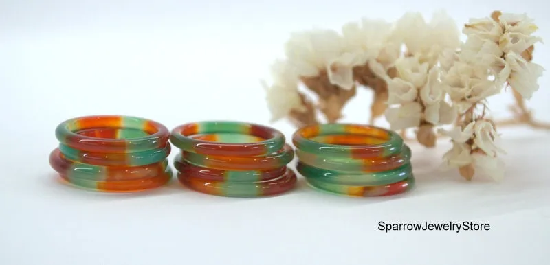 Green orange agate ring band Solid stone ring size 4 5 6 7 8 Carved stone boho stacking ring band Whole stone asexual ring Fancy agate ring