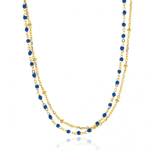 Gregio Simply Me/Tiny Shiny Double Chain Necklace w/ Blue Enamel Beads- Gold