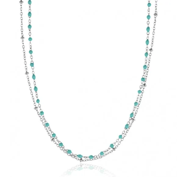 Gregio Simply Me/Tiny Shiny Double Chain Necklace w/ Light Blue Enamel Beads- Silver