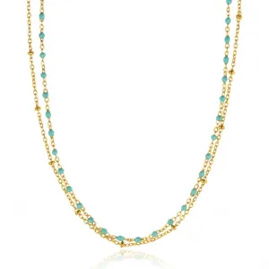 Gregio Simply Me/Tiny Shiny Double Chain Necklace w/ Turquoise Enamel Beads- Gold