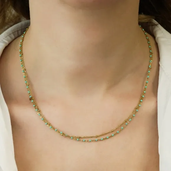 Gregio Simply Me/Tiny Shiny Double Chain Necklace w/ Turquoise Enamel Beads- Gold