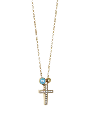 Gregio Tiny Shiny Cross Necklace w/ Evil Eye & White Zirconia - Gold