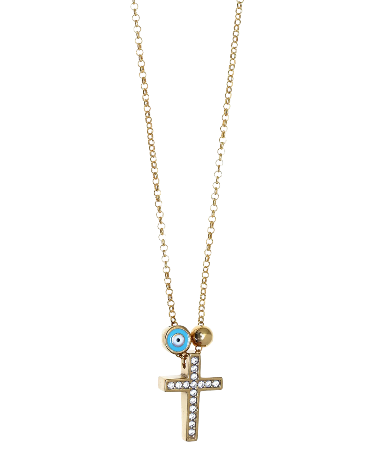 Gregio Tiny Shiny Cross Necklace w/ Evil Eye & White Zirconia - Gold