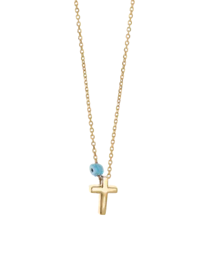 Gregio Tiny Shiny Cross Necklace w/ Evil Eye - Gold