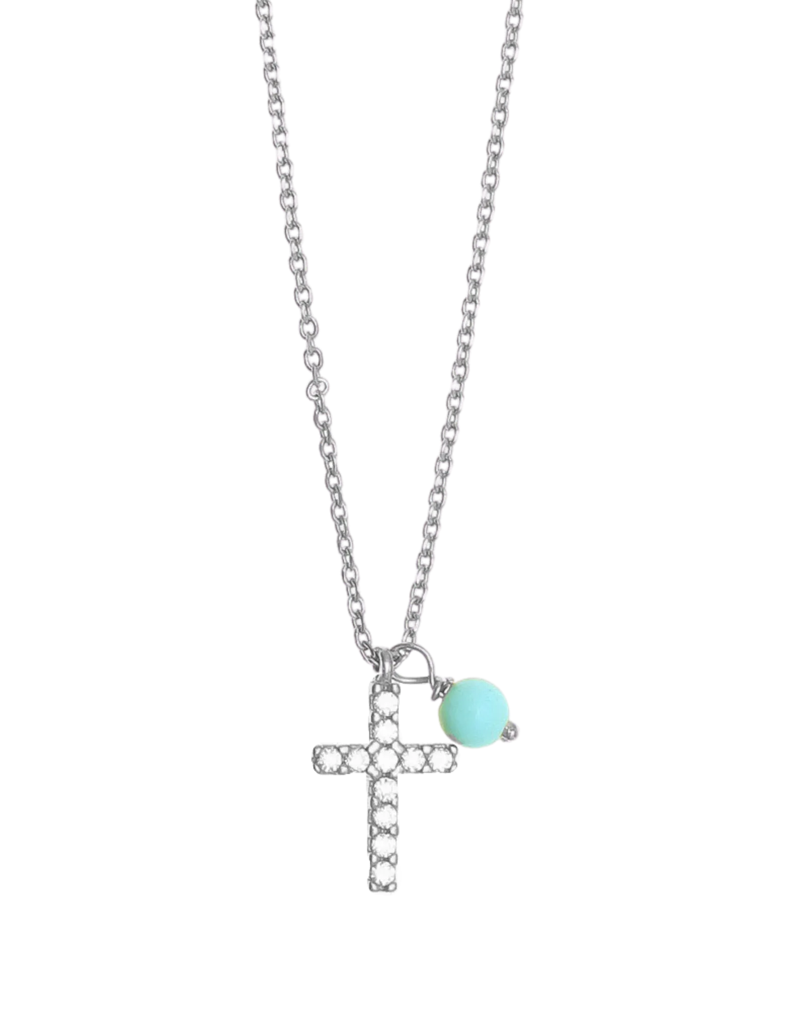 Gregio Tiny Shiny Cross Necklace w/ Turquoise & White Zirconia - Silver