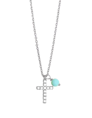 Gregio Tiny Shiny Cross Necklace w/ Turquoise & White Zirconia - Silver