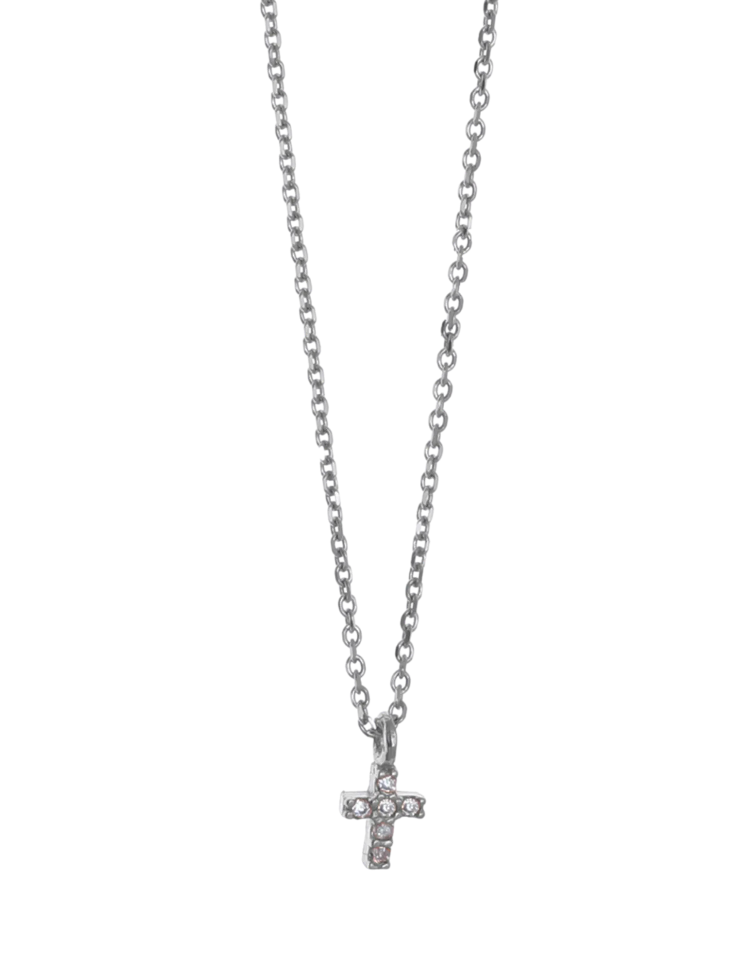 Gregio Tiny Shiny Cross Necklace w/ White Zirconia - Silver