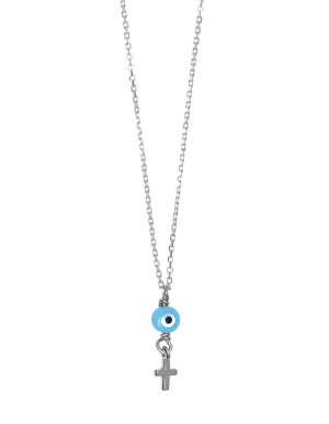 Gregio Tiny Shiny Necklace w/ Evil Eye & Cross - Silver