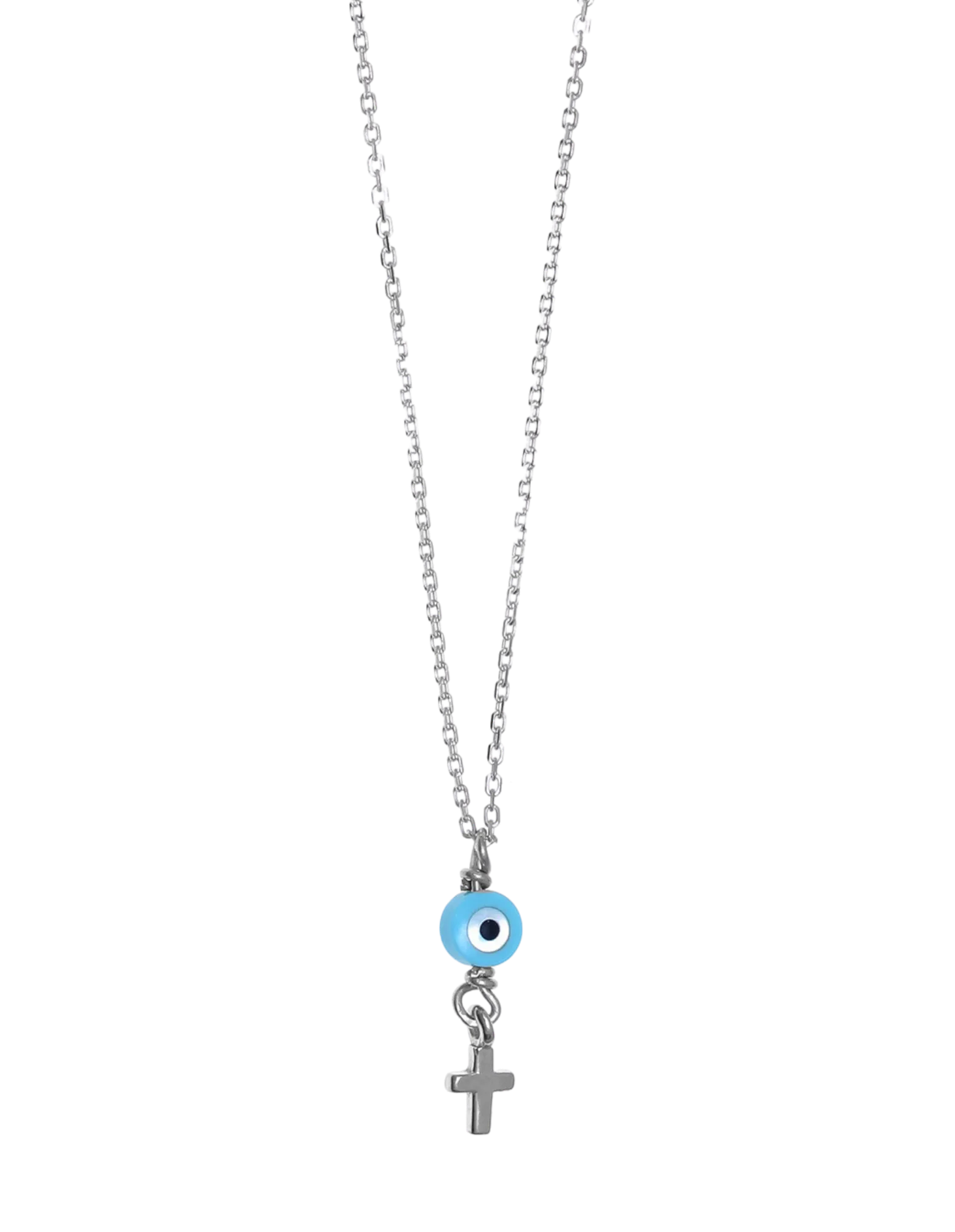 Gregio Tiny Shiny Necklace w/ Evil Eye & Cross - Silver