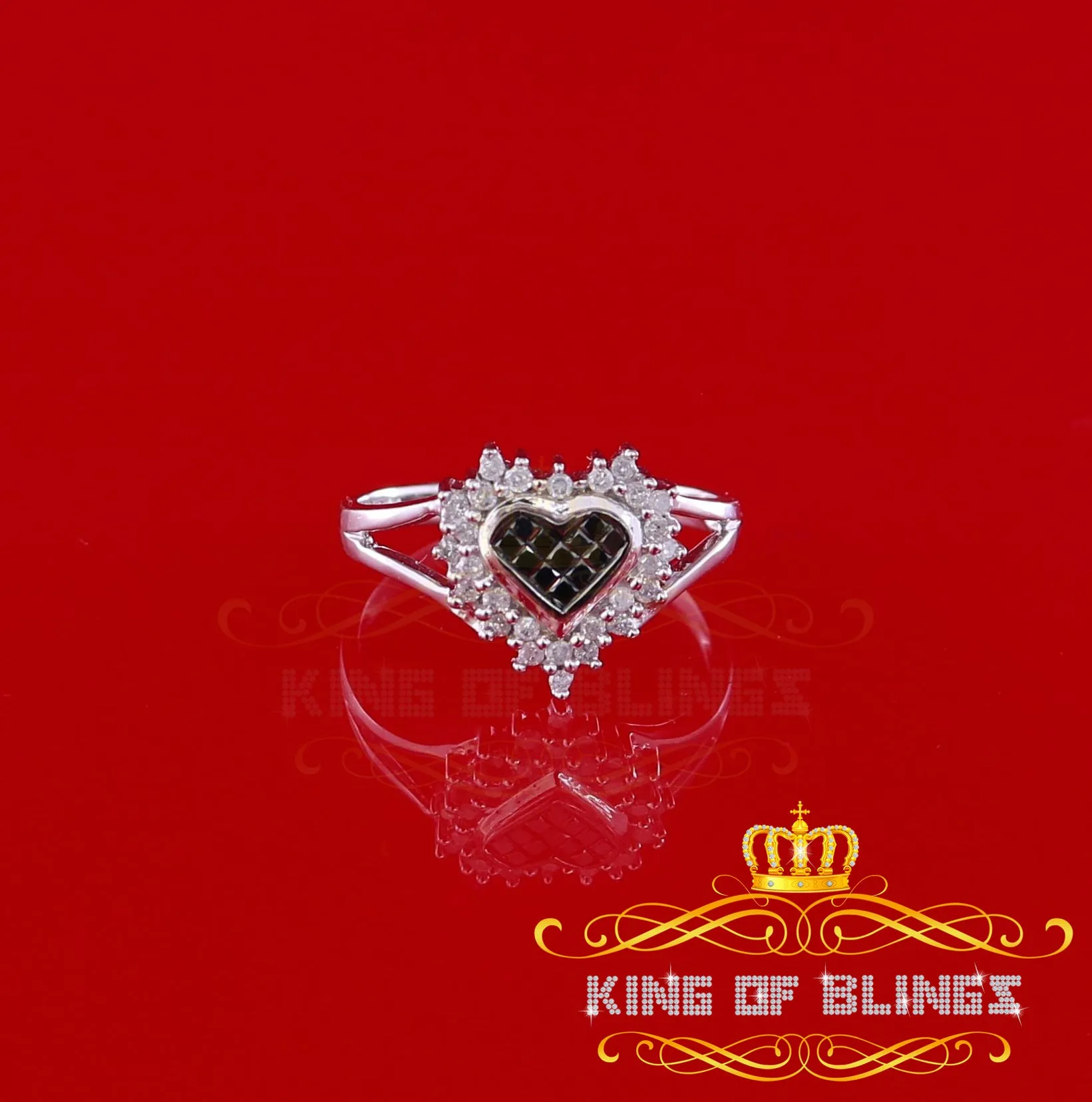 King of Bling's  Real 10kt White Gold HEART shape 0.33CT Real Diamond Black Princess Ring SZ 6.5