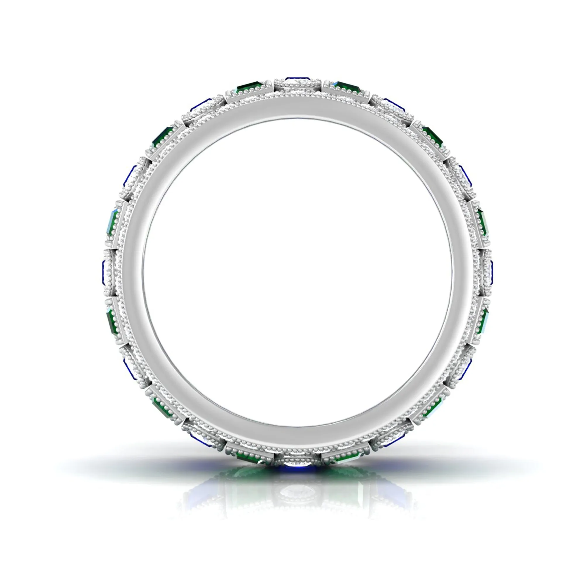 Lab Grown Emerald And Blue Sapphire Wide Wedding Band With Moissanite