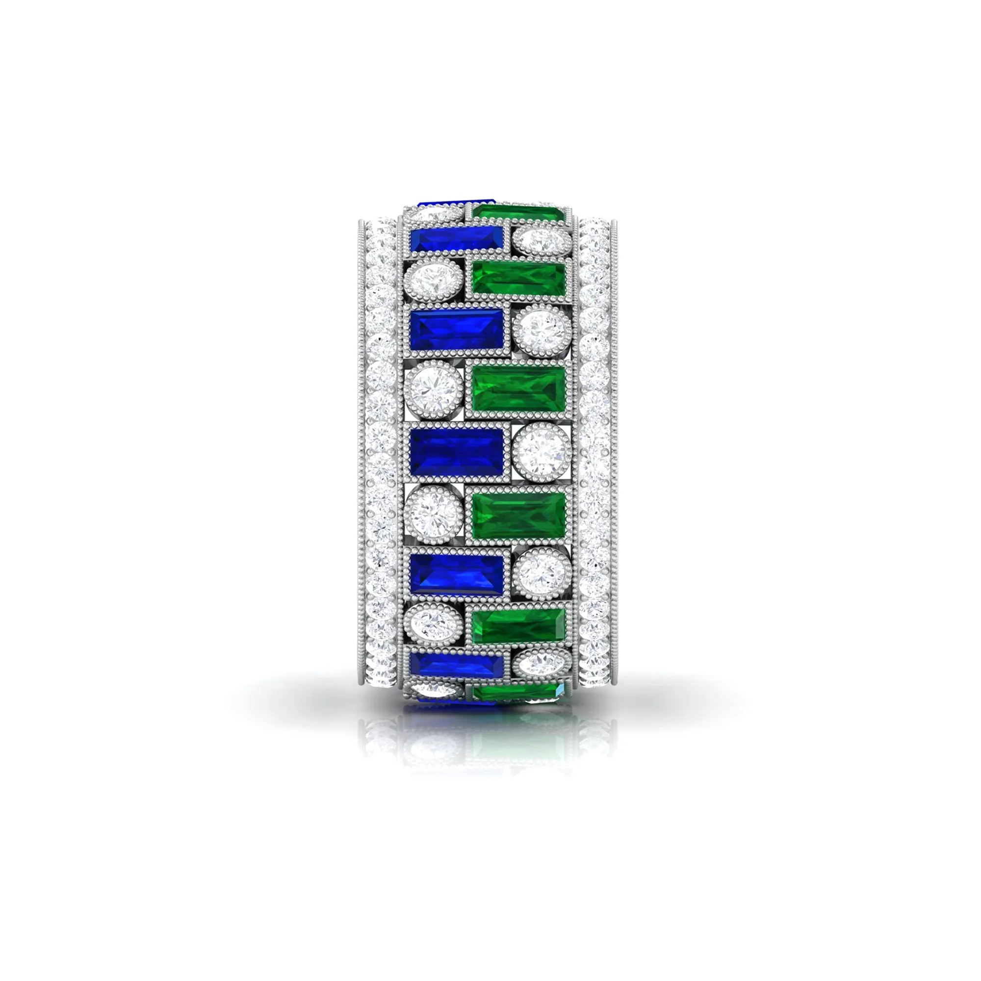 Lab Grown Emerald And Blue Sapphire Wide Wedding Band With Moissanite