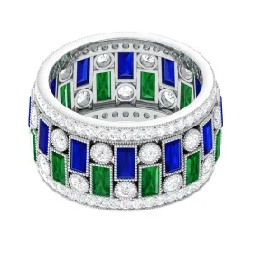 Lab Grown Emerald And Blue Sapphire Wide Wedding Band With Moissanite