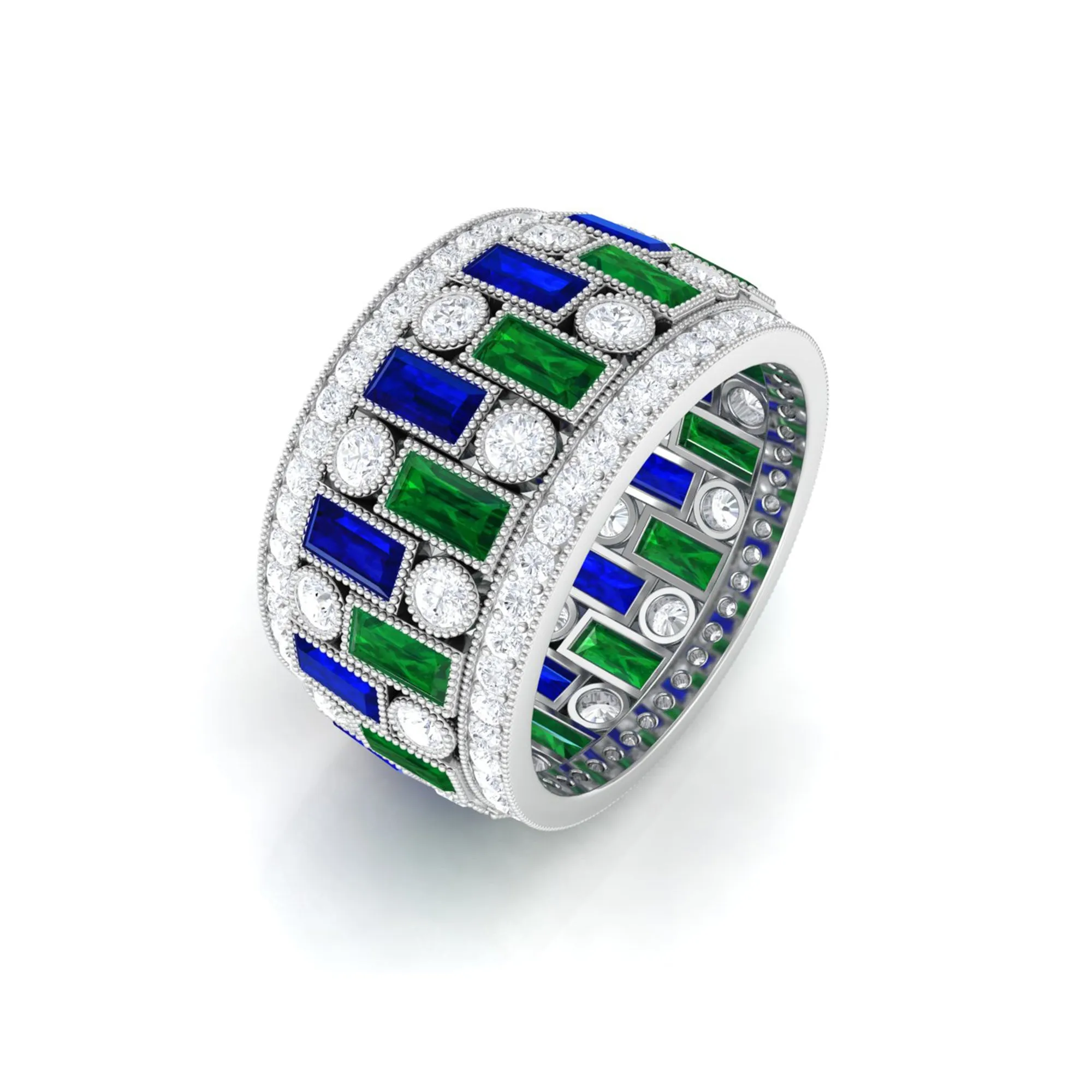 Lab Grown Emerald And Blue Sapphire Wide Wedding Band With Moissanite