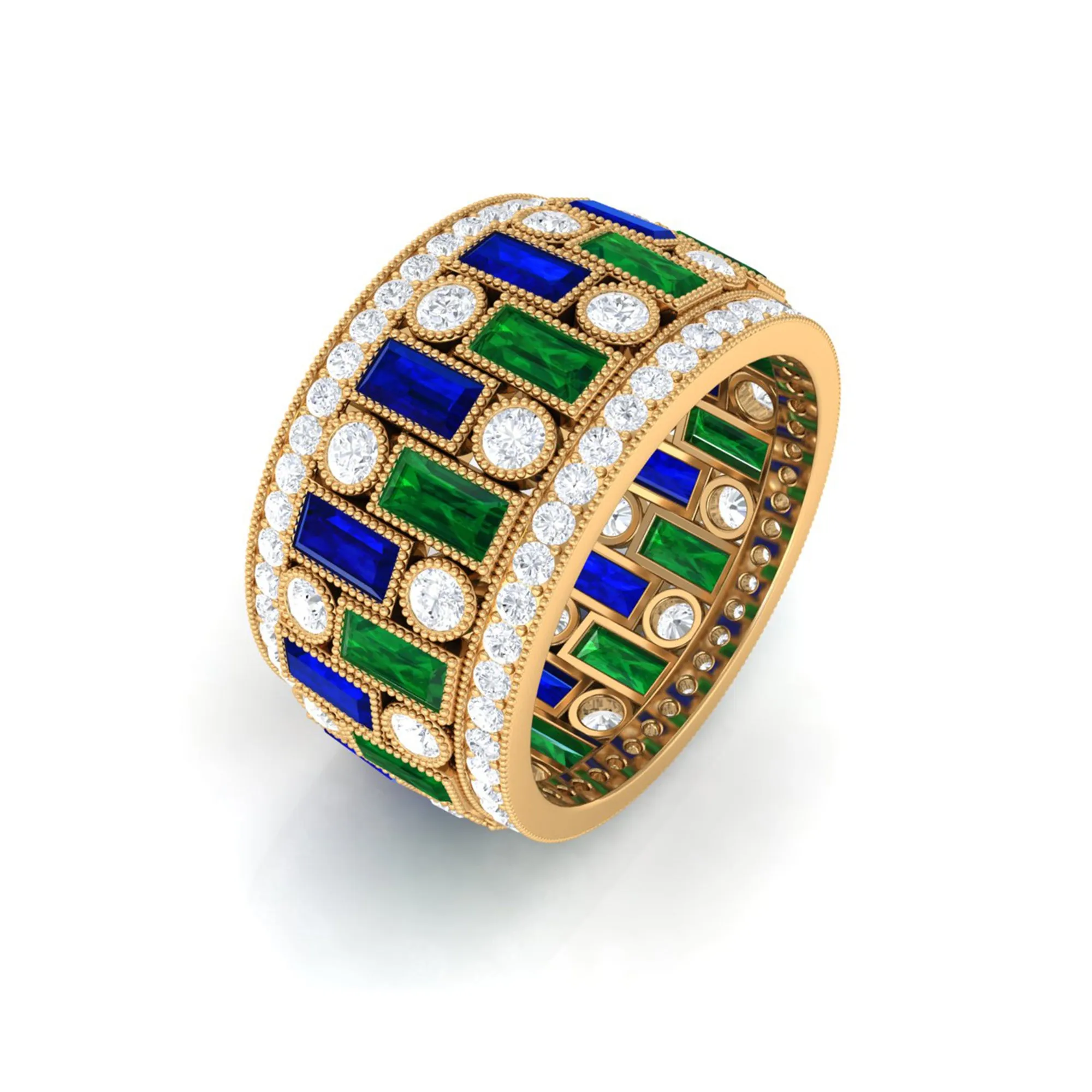 Lab Grown Emerald And Blue Sapphire Wide Wedding Band With Moissanite