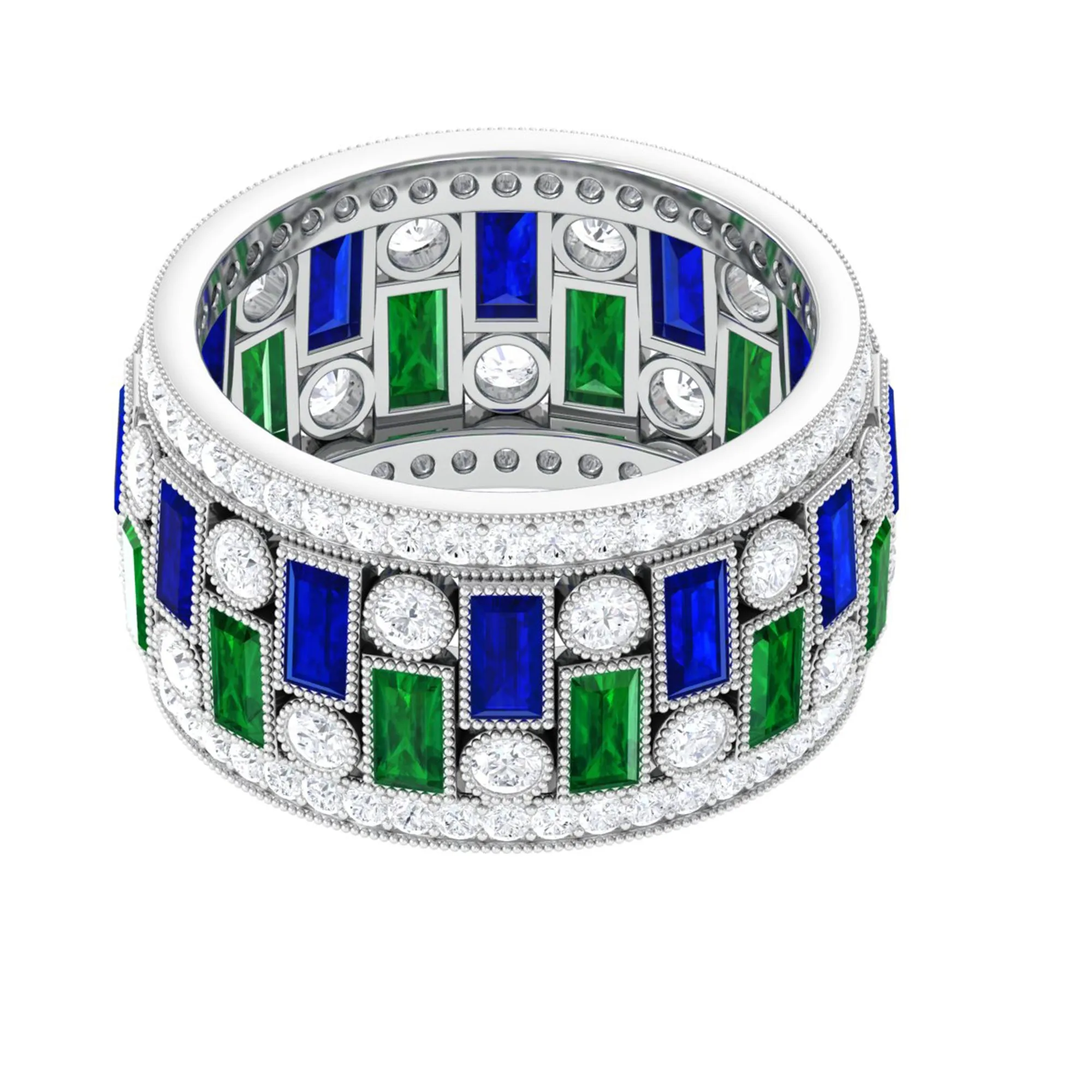 Lab Grown Emerald And Blue Sapphire Wide Wedding Band With Moissanite