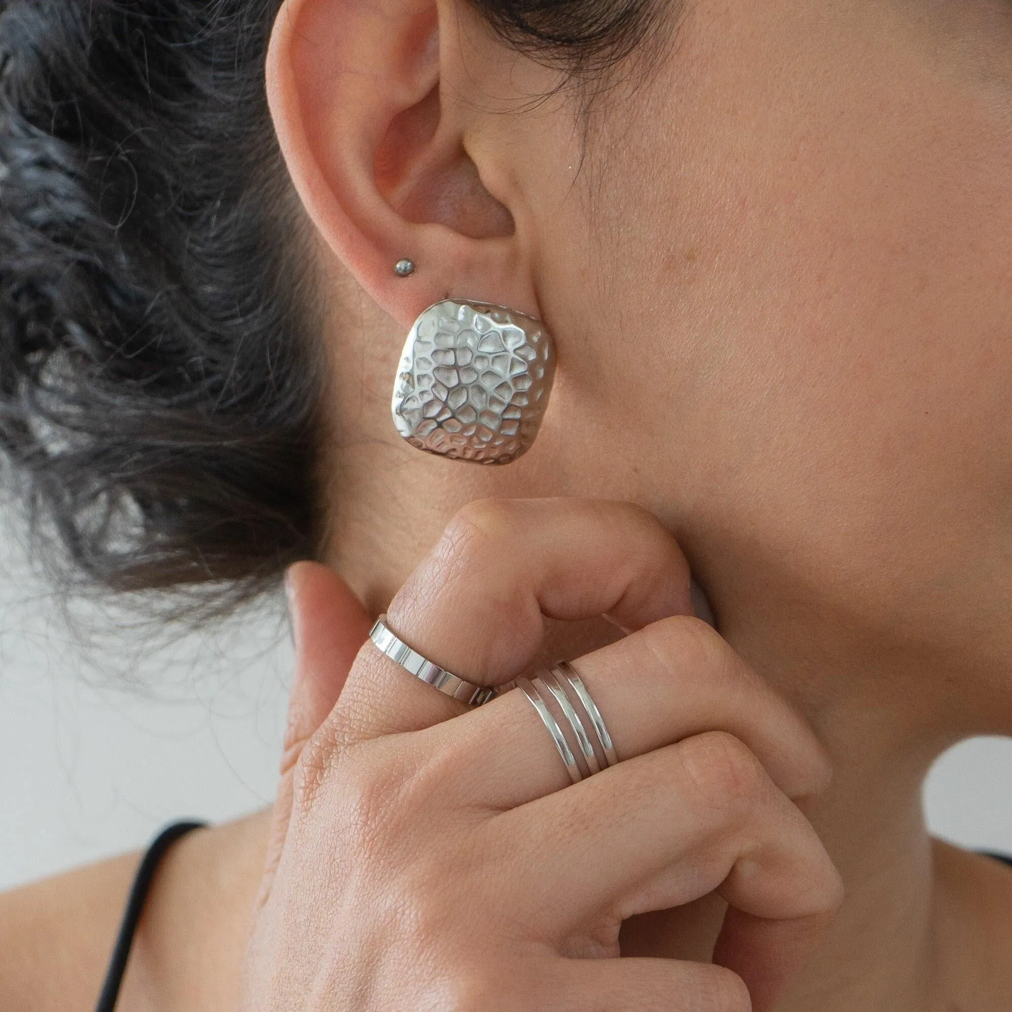 Large Silver Hammered Square Earrings