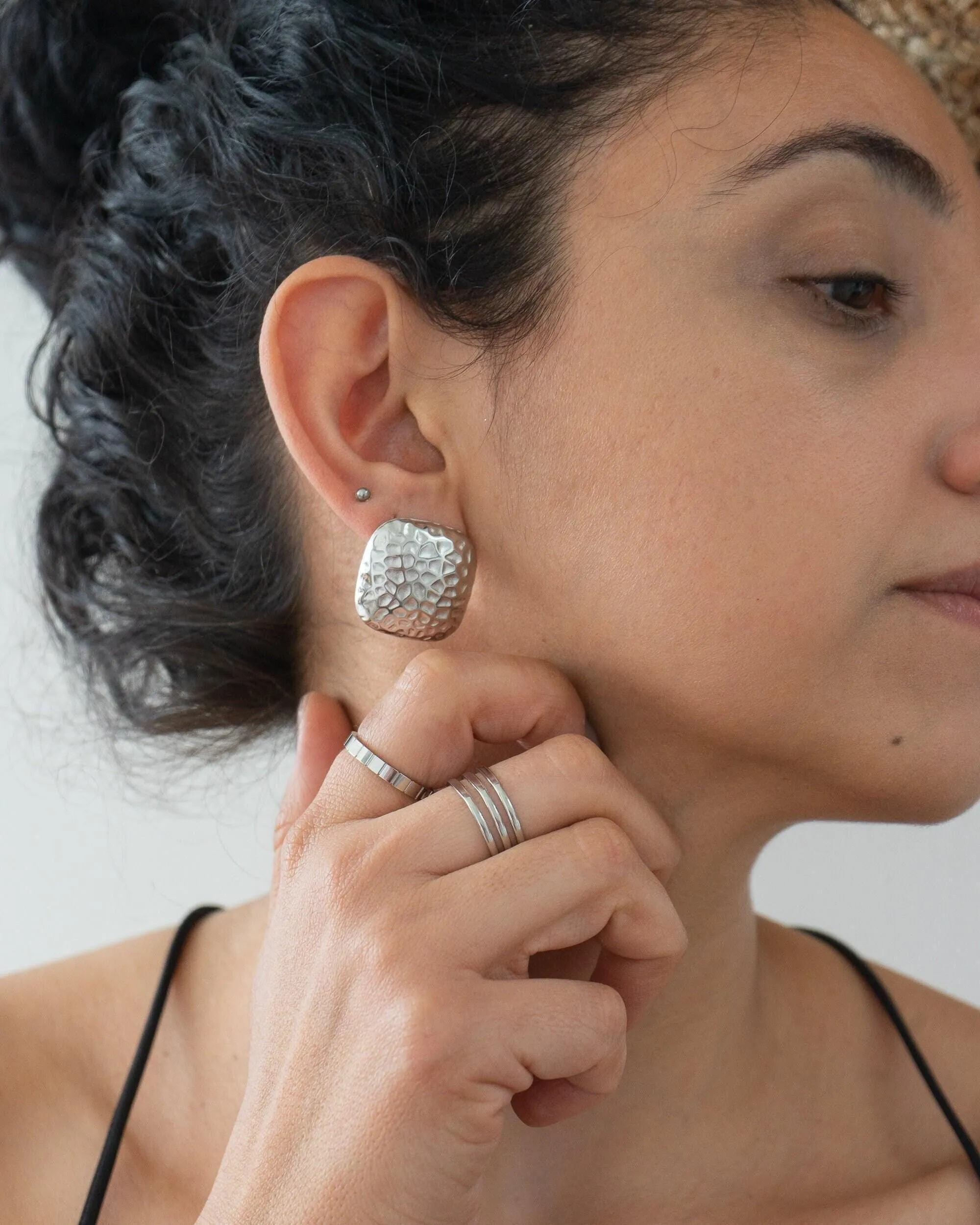 Large Silver Hammered Square Earrings