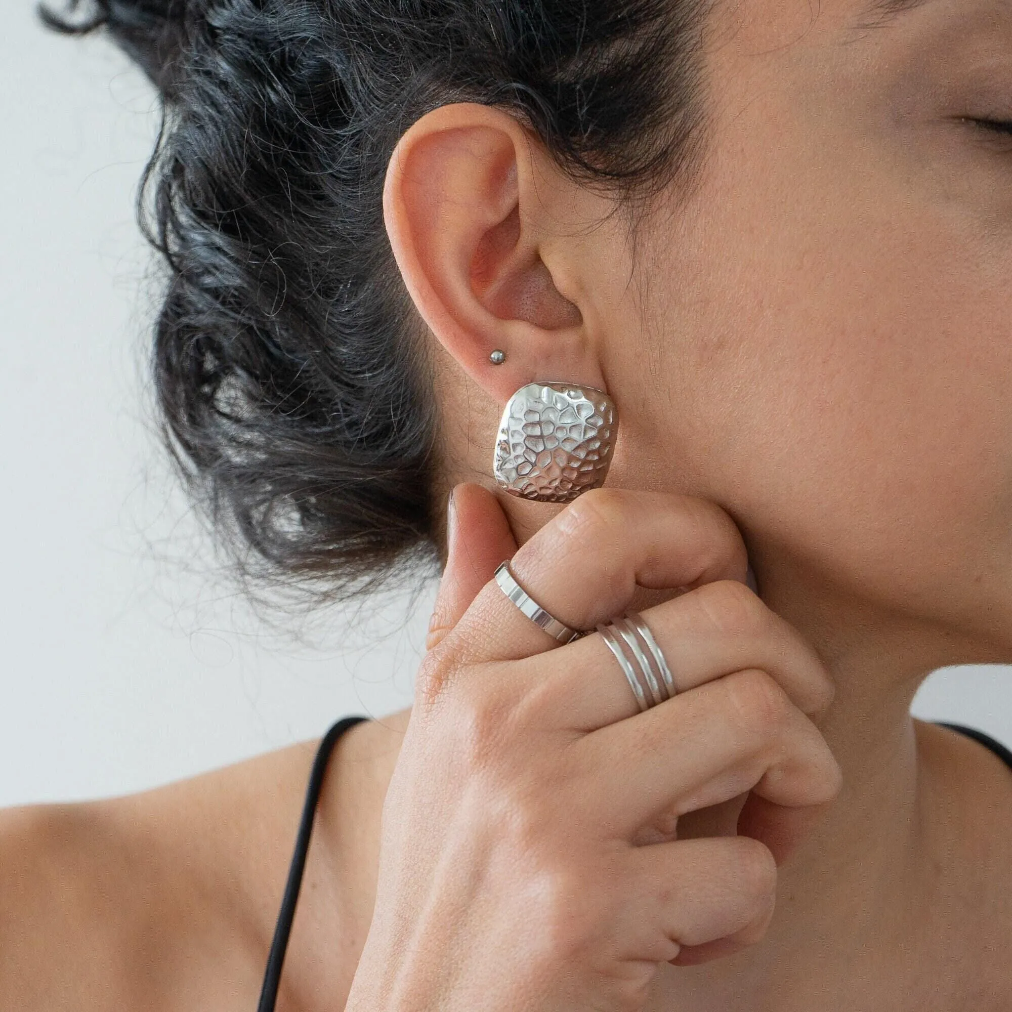 Large Silver Hammered Square Earrings