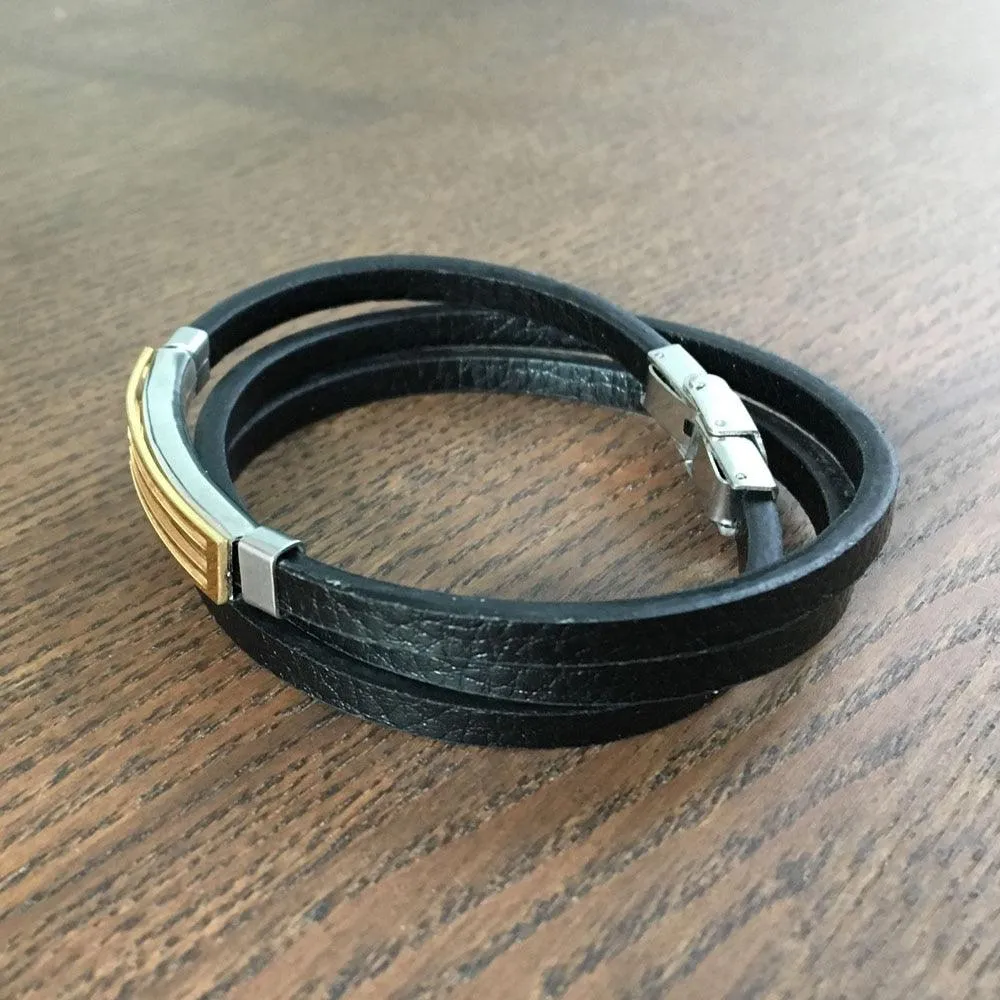 Men’s Trendy Stainless Steel Genuine Leather Bracelets, Fashionable Black Wrap Wristband Gift for Men