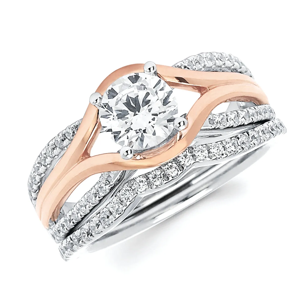 Modern Bridal: 1/5 Ctw. Diamond Split Shank Semi Mount shown with 1 Ct. Round Center Diamond in 14K White & Rose Gold