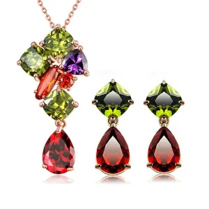 Multi-Color Peridot Garnet Amethyst Rose Gold Earrings Necklace Set