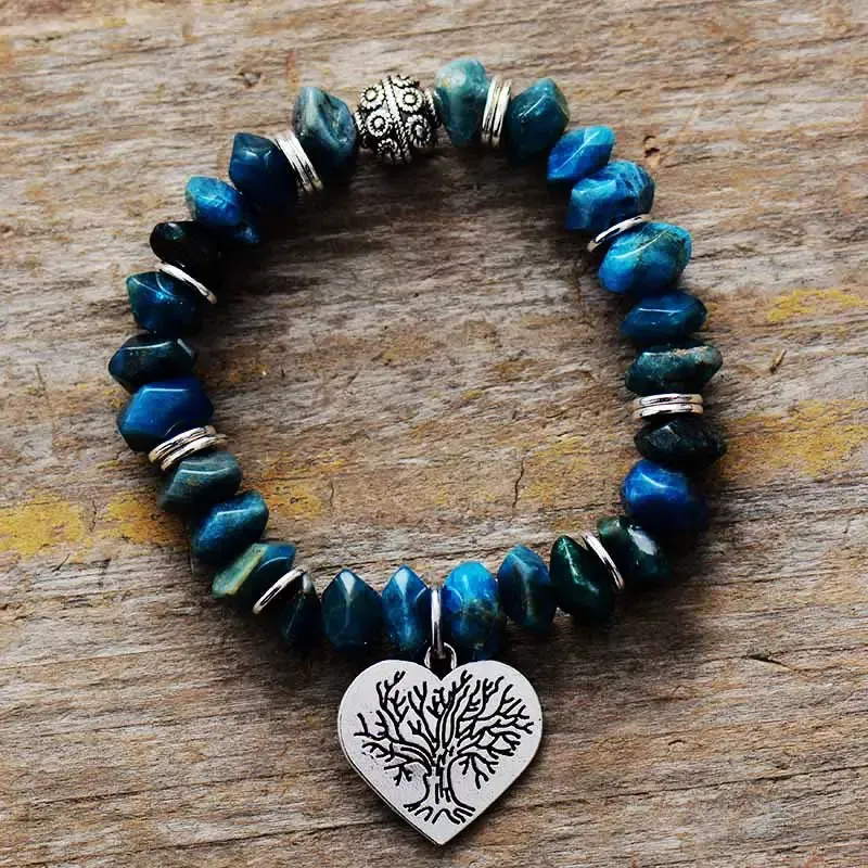 Natural Gemstone Heart Charm Apatite Stretch Bracelet